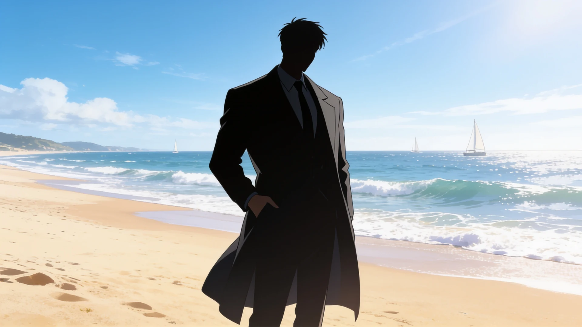 A character in a long dark coat restaged on a bright seaside morning, generated from a night-scene reference