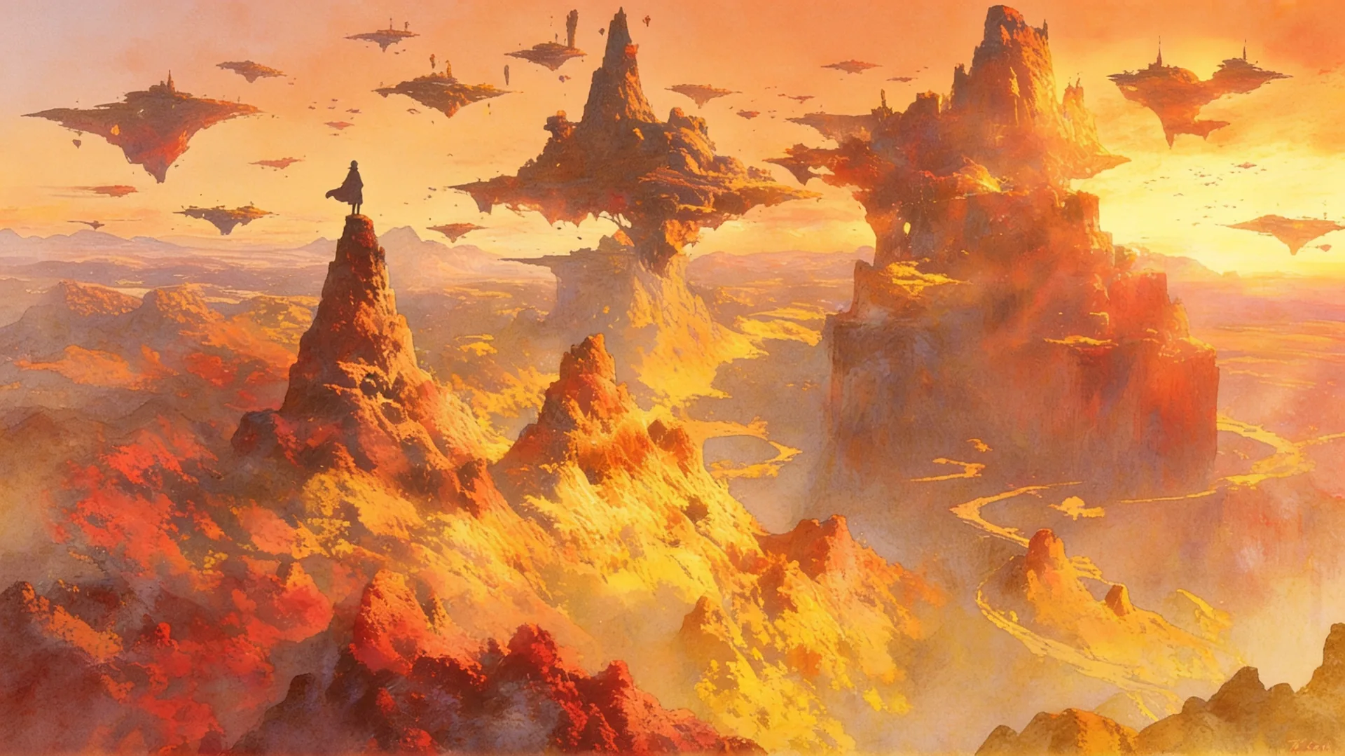 The floating-island landscape restyled in a warm autumn palette with softer painterly rendering