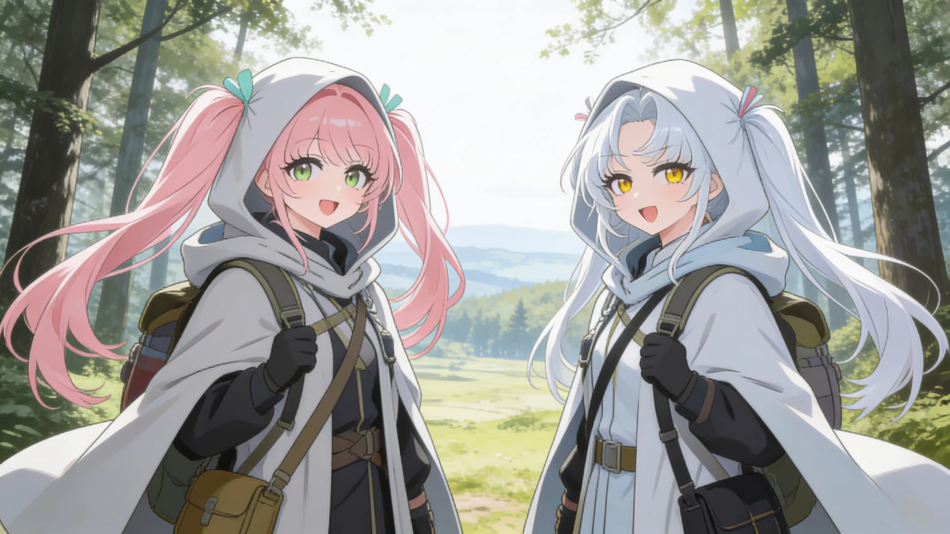Two anime characters in hooded travel cloaks in a forest, generated from a school-uniform character reference