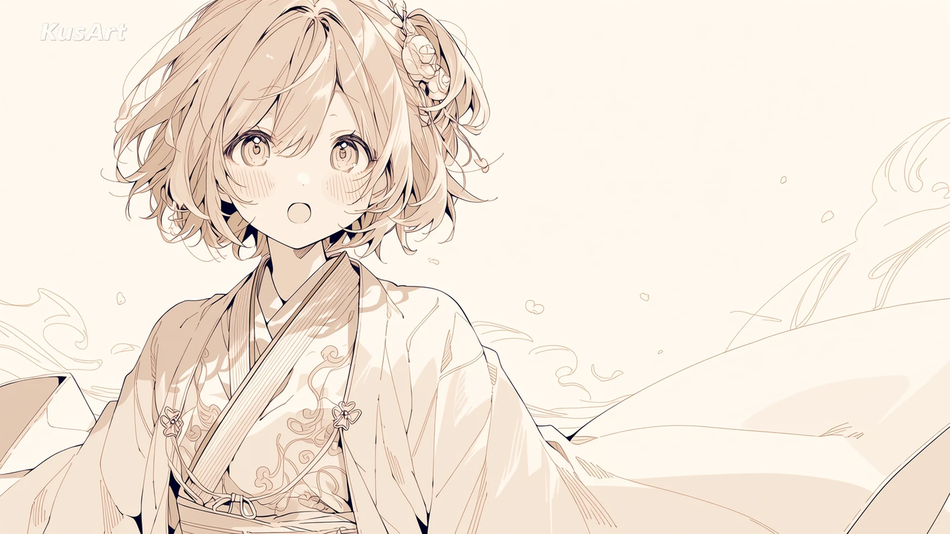 A softly rendered anime girl in a pale kimono against a light background, delicate linework