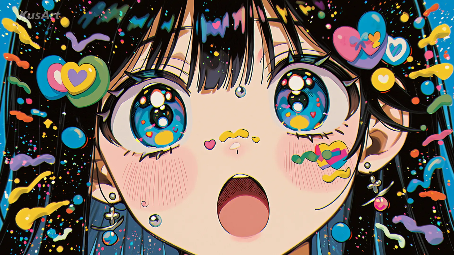 A high-stylize experimental anime close-up with oversized sparkling eyes and scattered candy-coloured shapes