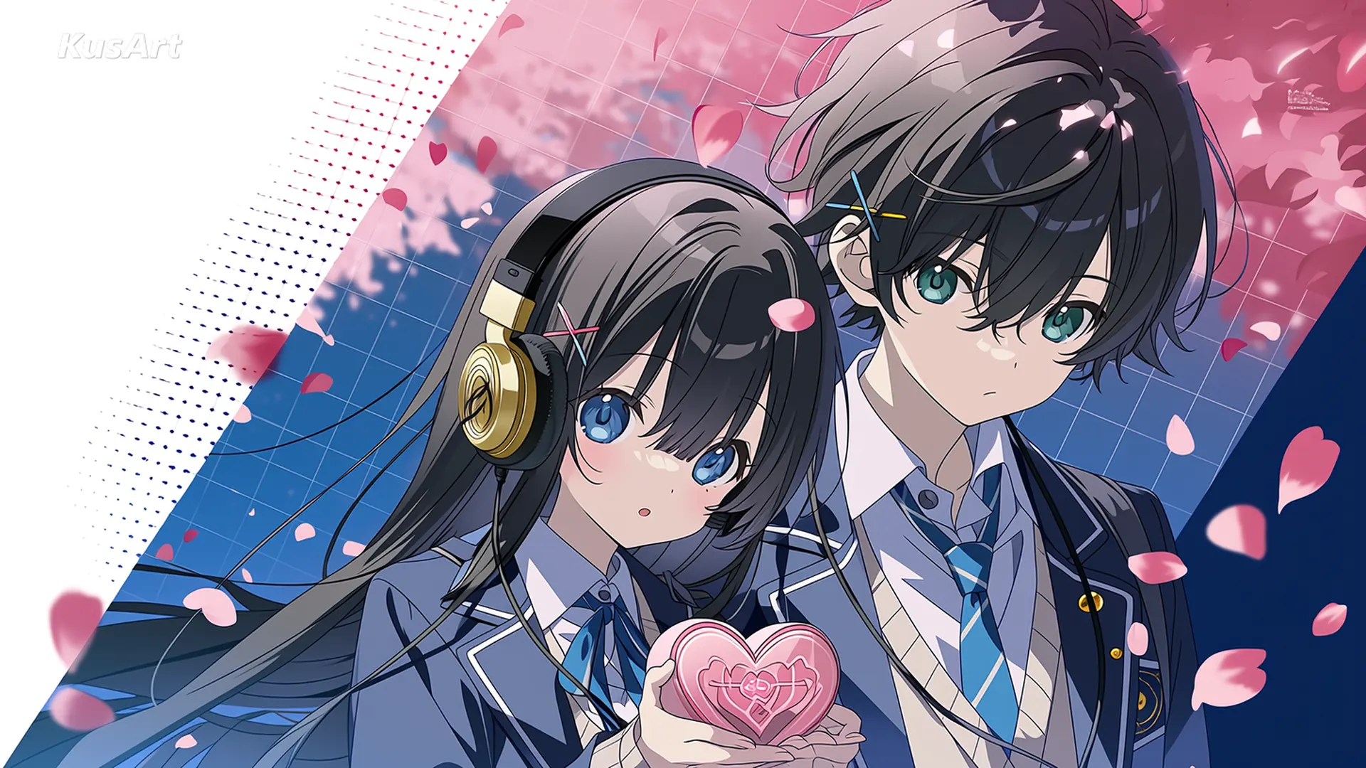 Anime key visual of two students among falling cherry petals with a halftone pink and blue background