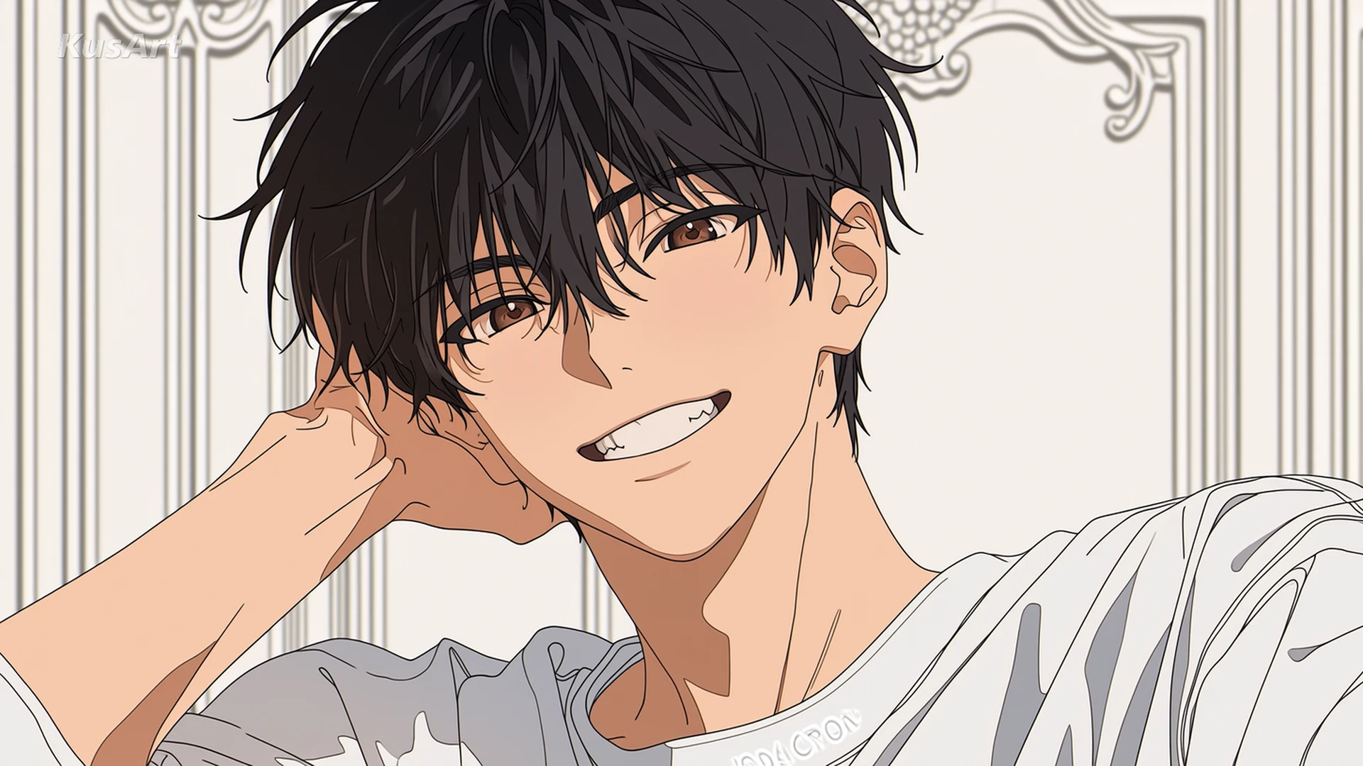 A relaxed anime character illustration with an expressive grin against a decorative pale backdrop