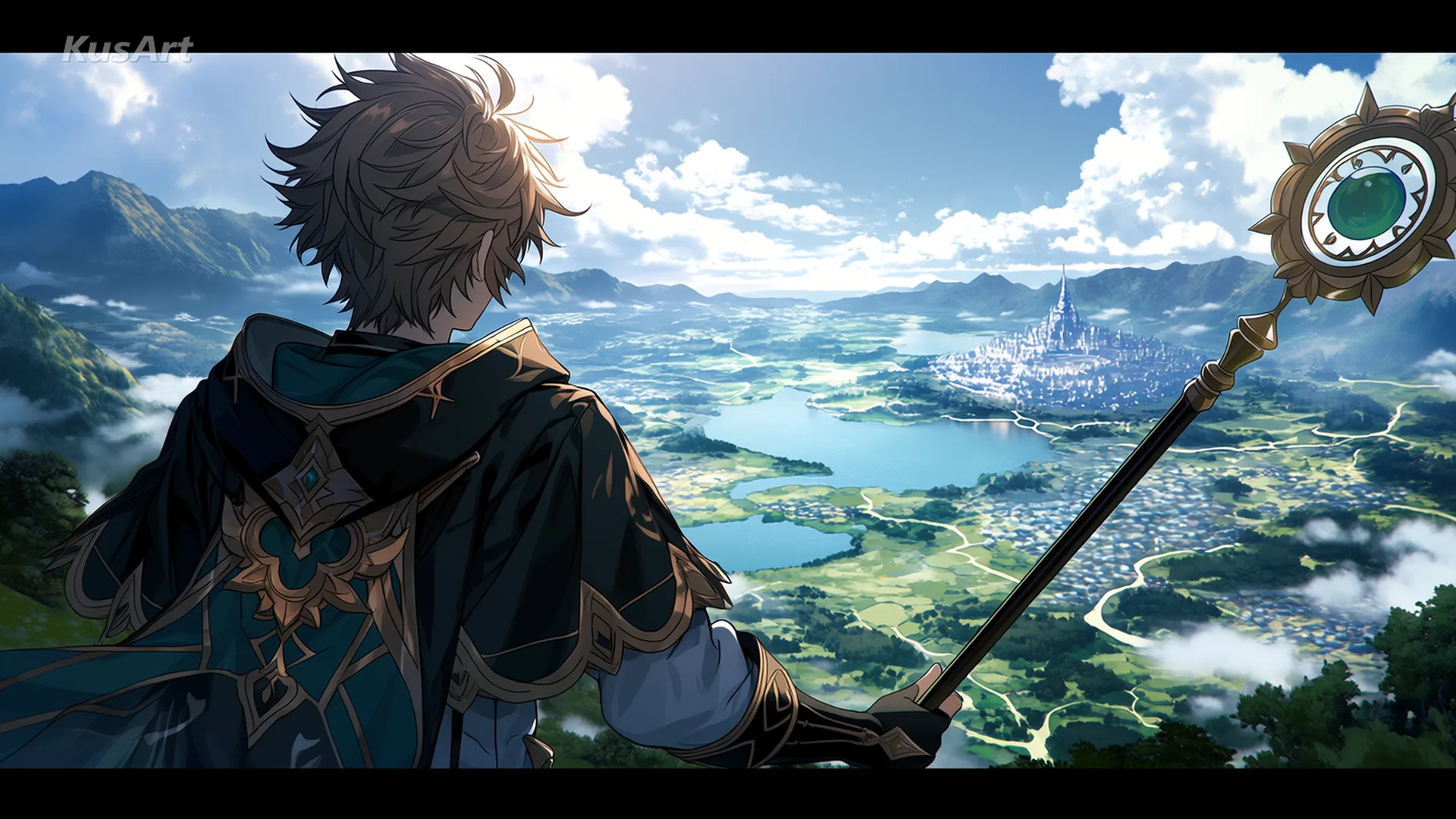 An anime traveler with an ornate staff overlooking a wide green valley and a distant fantasy city
