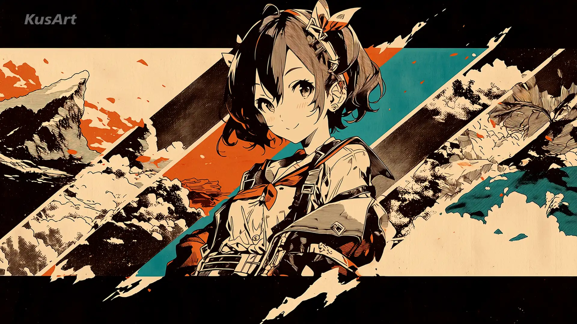 An experimental anime portrait cut across by bold diagonal colour bands and torn paper texture