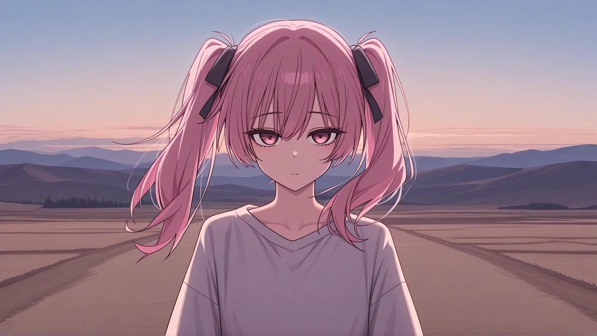 An original anime girl with pink twin tails standing on an open plain at sunset, calm expression, wide cel-shaded composition