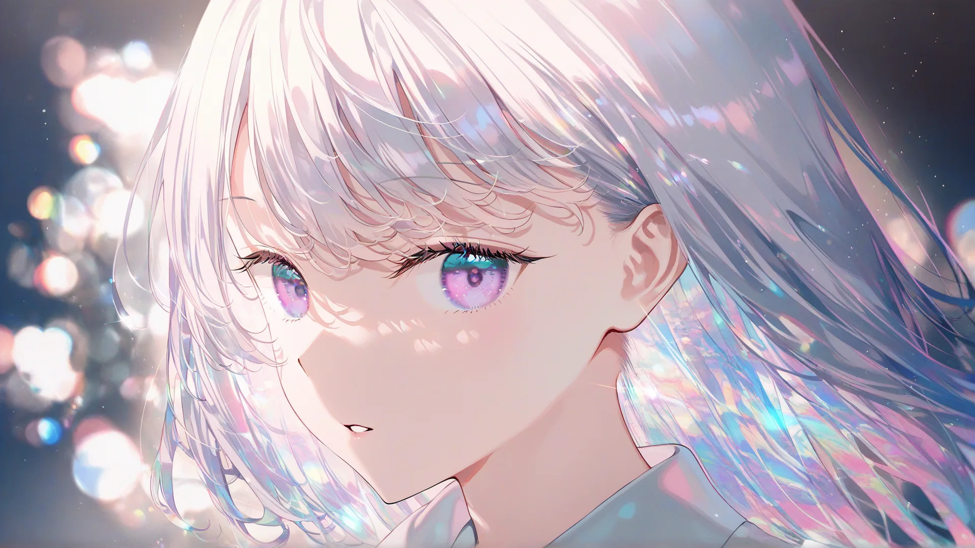 Close portrait of an anime girl with iridescent silver hair under prismatic light and colourful bokeh