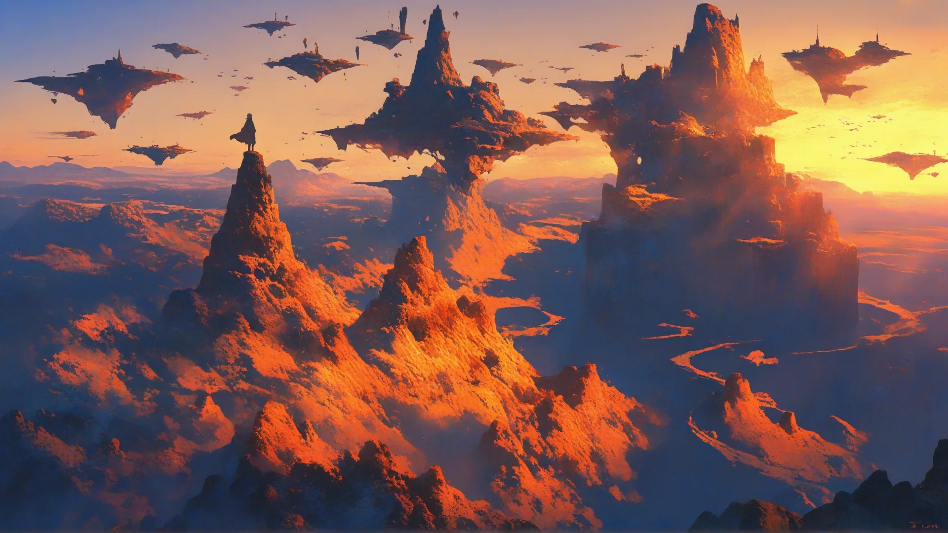 A wide fantasy landscape of floating islands glowing orange at sunset above a sea of cloud