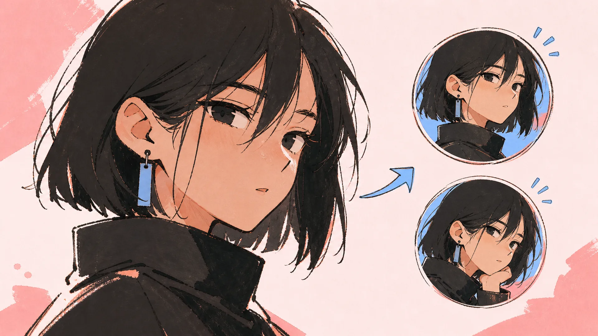 A large cropped anime portrait with two smaller round avatar crops of the same face to the right