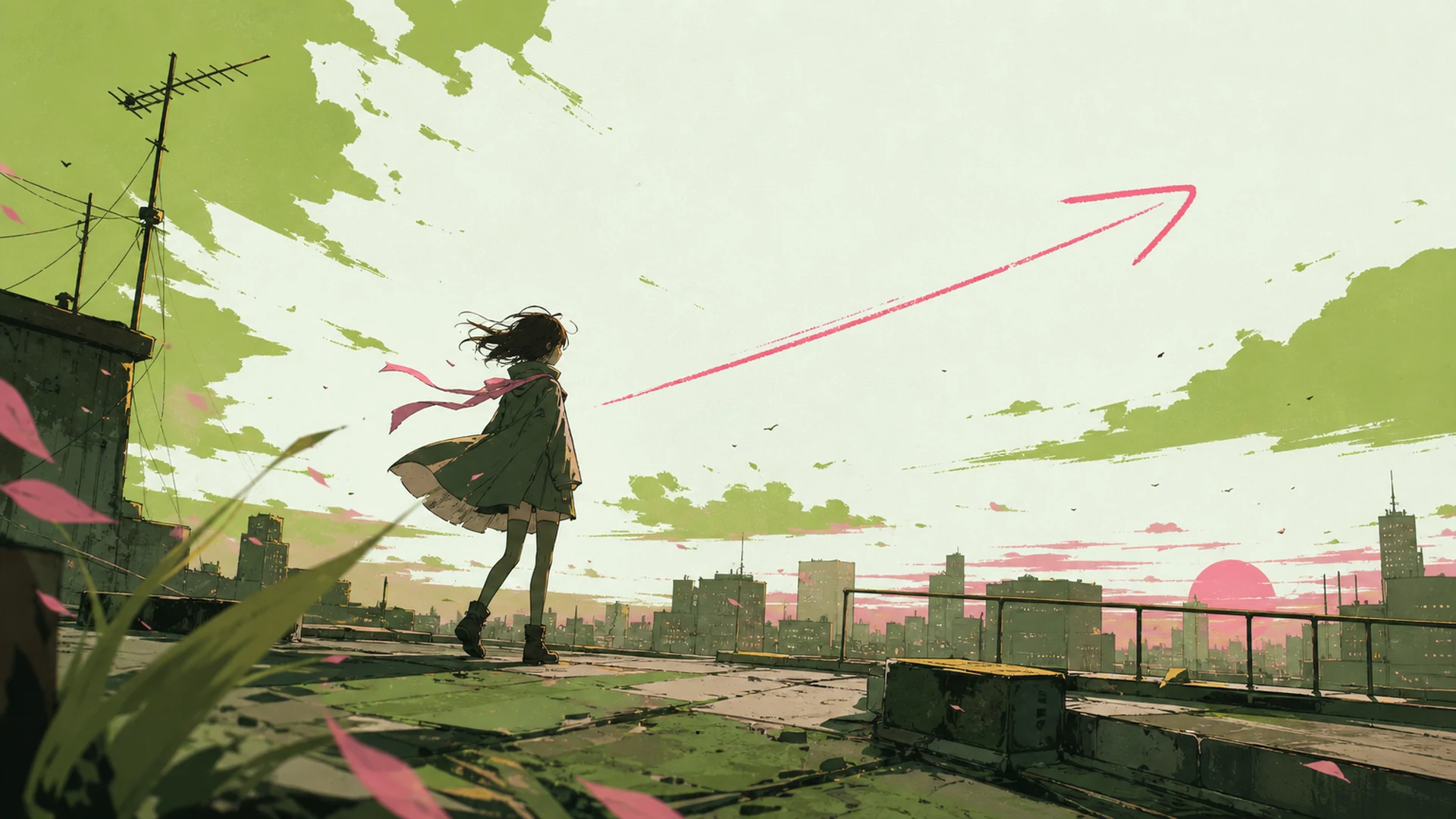 A lone anime figure on a rooftop against a wide sunset sky with a long pink arrow sweeping across