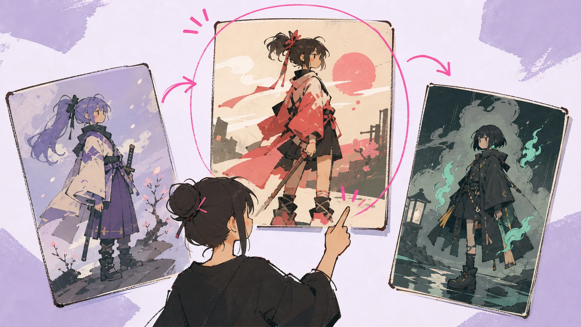 Three anime character illustration cards fanned out, the middle one circled, with a figure pointing at it