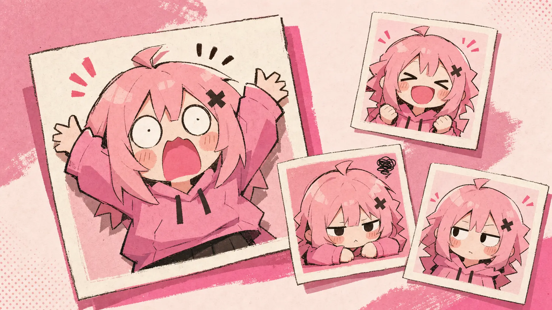One chibi character in four exaggerated reaction poses