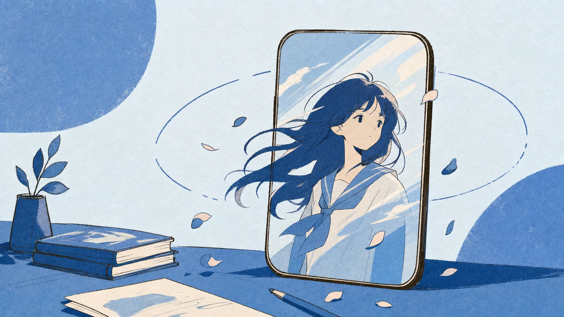 A phone showing a portrait wallpaper with drifting hair and petals
