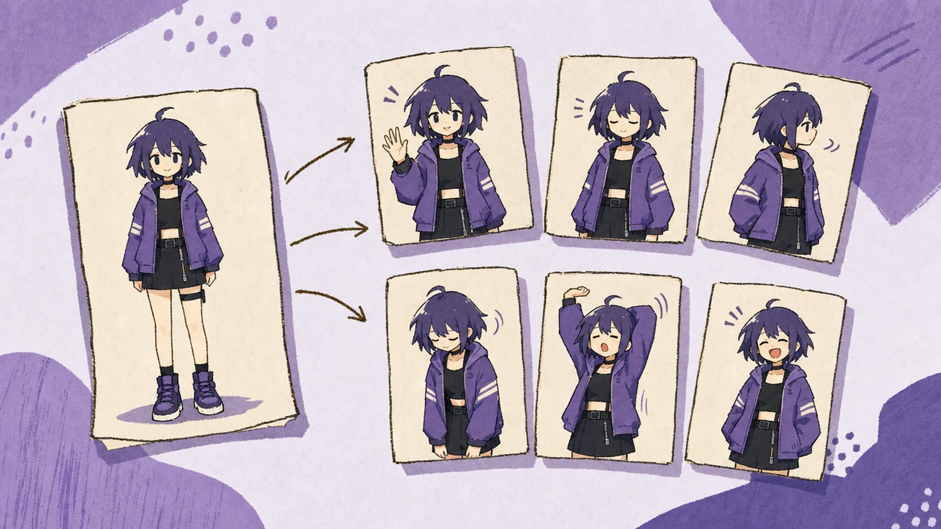 One character sheet fanning out into six short action clips