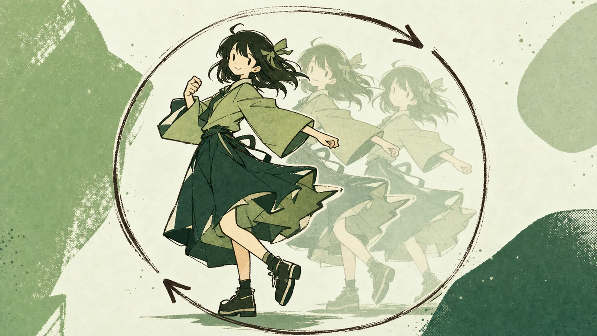 A full-body character mid-dance inside a looping arrow