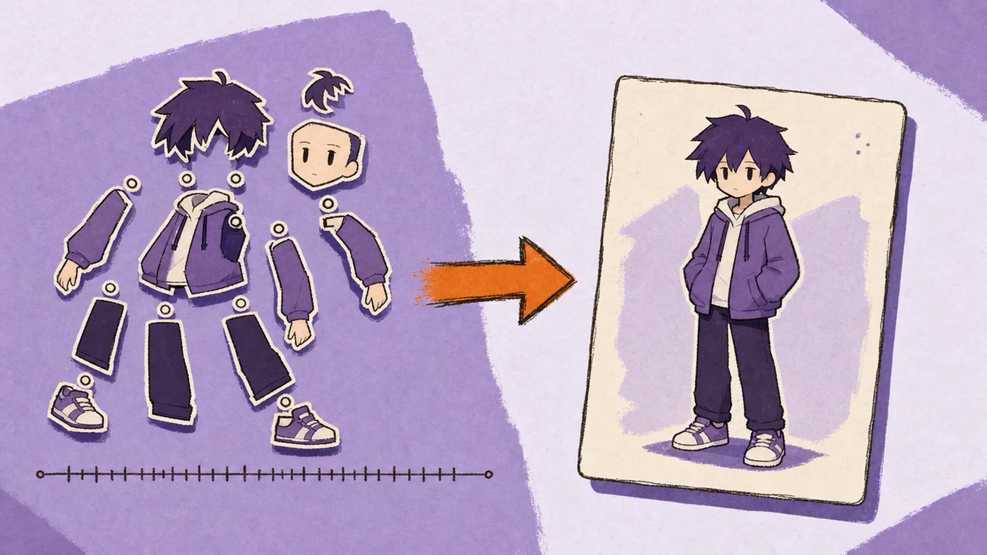 A character cut into rigging pieces next to the same character kept whole