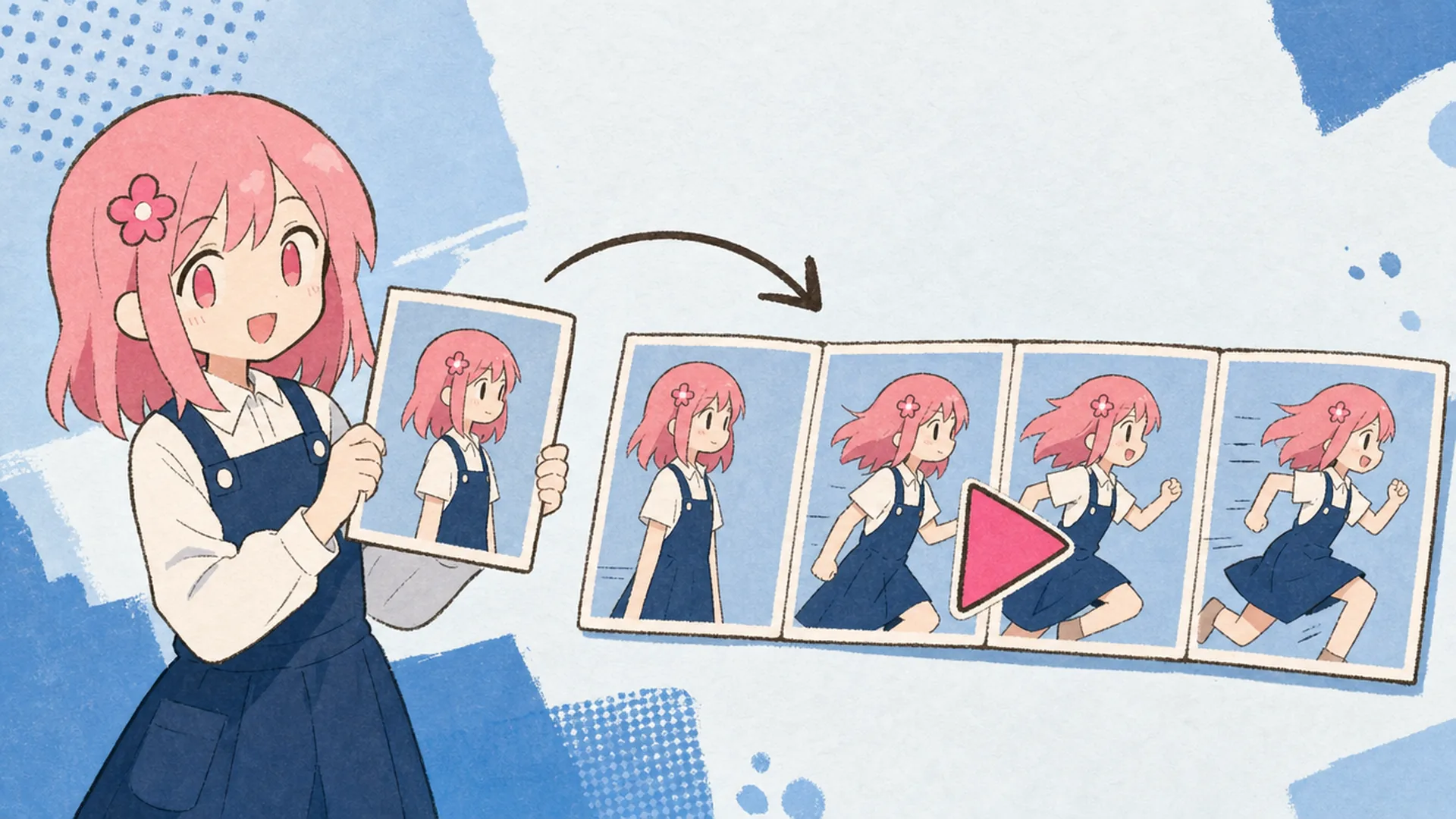 A still character card turning into a strip of animated frames